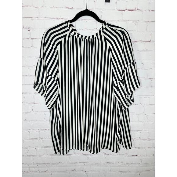 LOFT Black White Vertical Stripe Short Sleeve Blouse Womens Large Top - Picture 4 of 7